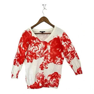 CYRUS WOMEN'S RHINESTONE ACCENT ROSE PRINT CARDIGAN (ORANGE HAZY ROSE L) Sweater